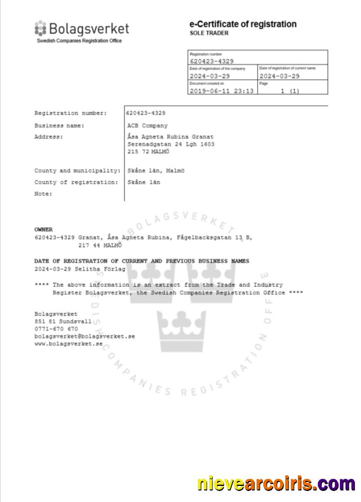 Sweden certificate of registration